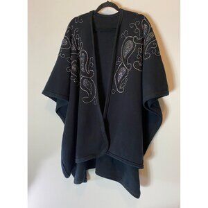 Black Open Front Shawl Iridescent Bead Sequin Paisley Design One Size Fits Most